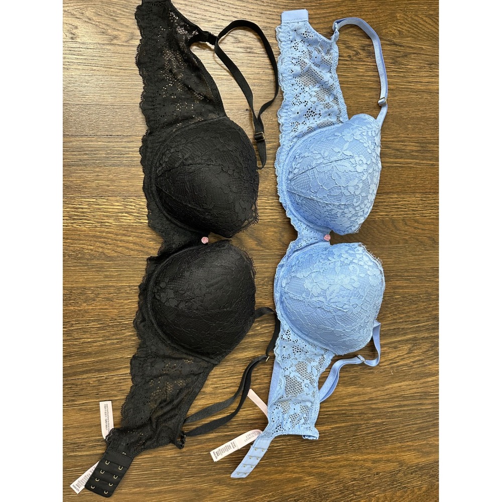 Victoria's Secret Dream Angels Lined Demi Bra Set 34DD Black Blue Lace 2 Pack